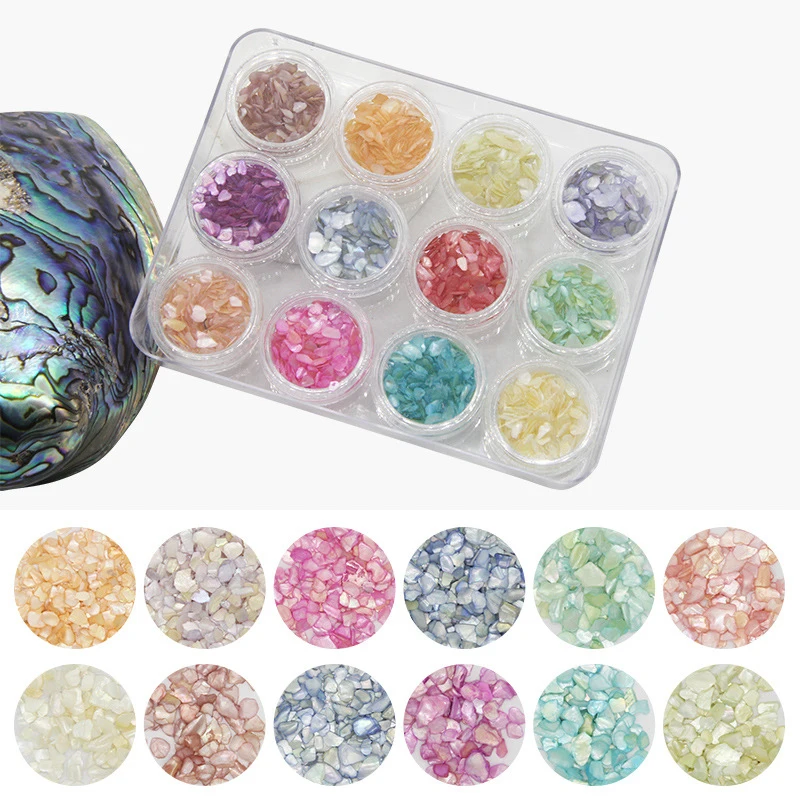 

12 Mixed Colors Crushed Shell Fragment Nail Stone Powder Acrylic UV Gel Tip for Nail Art Decoration Charms French Manicure