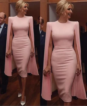 

2020 Pink Short Evening Dresses Chiffon Pleated Cape Tea Length Cocktail Prom Gowns Satin Simple Plus Size Wedding Party Dresses