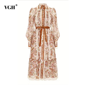

VGH Printed Patchwork Lace Women Dress Lapel Lantern Long Sleeve High Waist Bowknot Ruffles Large Size Midi Dresses Female 2020
