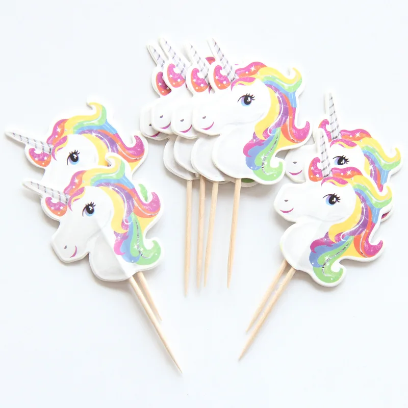 Decoración de dibujos animados de unicornio para fiesta de cumpleaños, 24 Uds., artículos de decoración de pastel