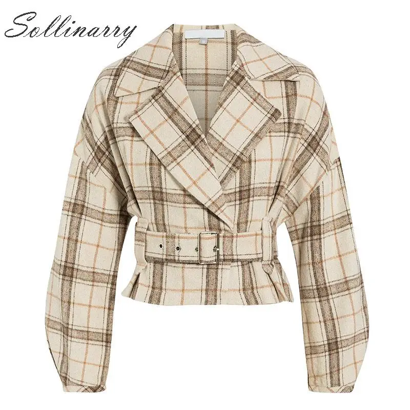 Sollinarry, модные клетчатые пальто, куртки, Осень-зима, женская уличная одежда, высокая талия, ремень, короткие куртки, женские пальто с латернским рукавом
