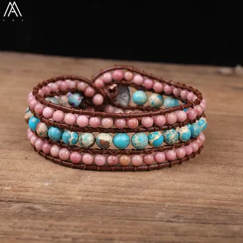 

Natural Sea Sediment Jaspers 6mm Beads Leather Knotted 3 Layers Bracelet Boho Women 4mm Rhodonite Beads Woven Bracelet N0413AMBF