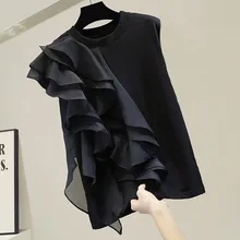 

2021 Summer New Japanese Style Korean Fashion Solid Color Round Neck Ruffle Summer T-Shirt Women's Casual Simplicity