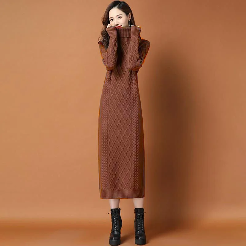 red sweater High-necked Long Sweater Women's Thick Autumn Winter Loose Outwear Twist Base Dresses Knitted Dress Women Turtle Neck Pullover christmas sweaters