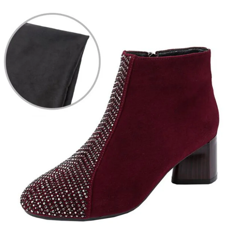 GKTINOO/Новинка года; ботильоны из натуральной кожи со стразами; ботинки Осень-зима; модная женская обувь на высоком толстом каблуке; большие размеры - Цвет: red autumn boots