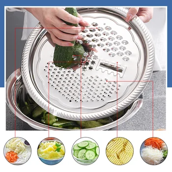 

New Hot Stainless Steel Drain Basket Vegetable Cutter Kit Kitchen Multipurpose Julienne Grater Salad Maker Bowl SMD66