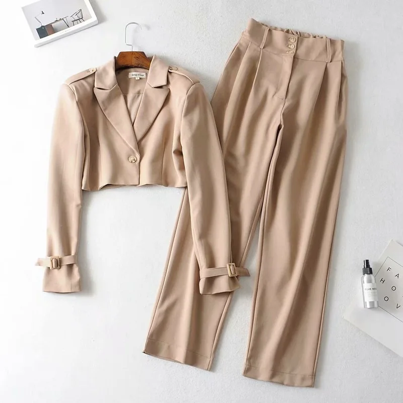 

2019 Autumn Fashion Suit Collar Long Sleeve Short Tops High-waisted Straight-Cut Casual Pants Suit Jacket