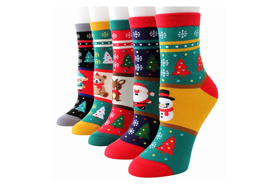 Хлопковые короткие носки в рождественском стиле для женщин, 5 милых узоров, снеговики, волшебные эльфы, Давида, олени, Санта Клаус, медвежонок, женские носки, 1 упаковка