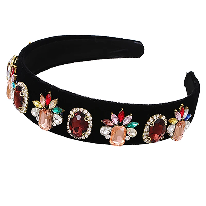 

ZHINI New Luxury AAA Zircon Color Crystal Handmade Headbands for Women Simple Black Velvet Wide Hair Band Hair Accessories Gift