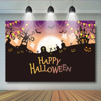 

Happy Halloween Party Photography Backdrops Horrifying Death Castle Old Trees Background Big Moon Birthday Party Backdrop