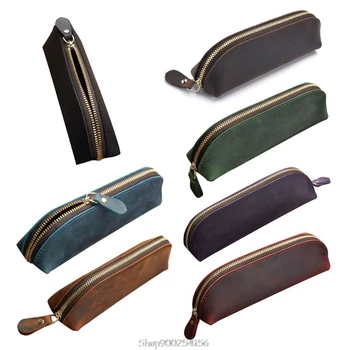 

Crazy Horse Leather Pencil Bag Vintage Retro Zipper Fountain Pen Makeup Brush Pouch Case N04 20 Dropship