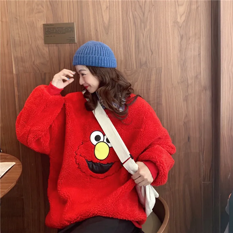 Cartoon Lambs Wool Hoodies Women O Neck Velet Thicken Sweatshirt Autumn Winter Warm Outwear Red Blue Long Sleeve Streetwear W250