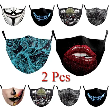 

2Pcs New Cover Reusable Protection Dust Washable Masks Proof Bacteria Mask Adult Big Mouth Face Fabric Masks Fashion Skull Mouth