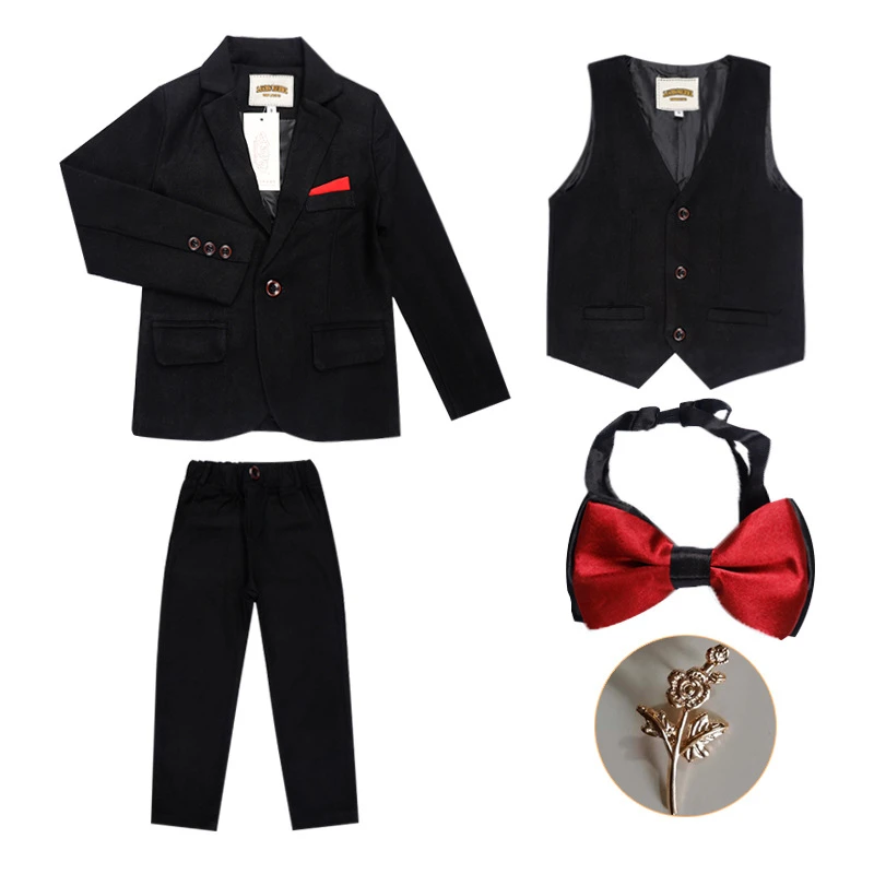 B black 3pcs Комплект модной одежды для мальчиков на свадьбу, детский клетчатый Блейзер, жилет брюки костюм, комплект с цветочным рисунком, деловой костюм для мальчиков смокинг, школьный праздничный костюм - Цвет: B black 3pcs