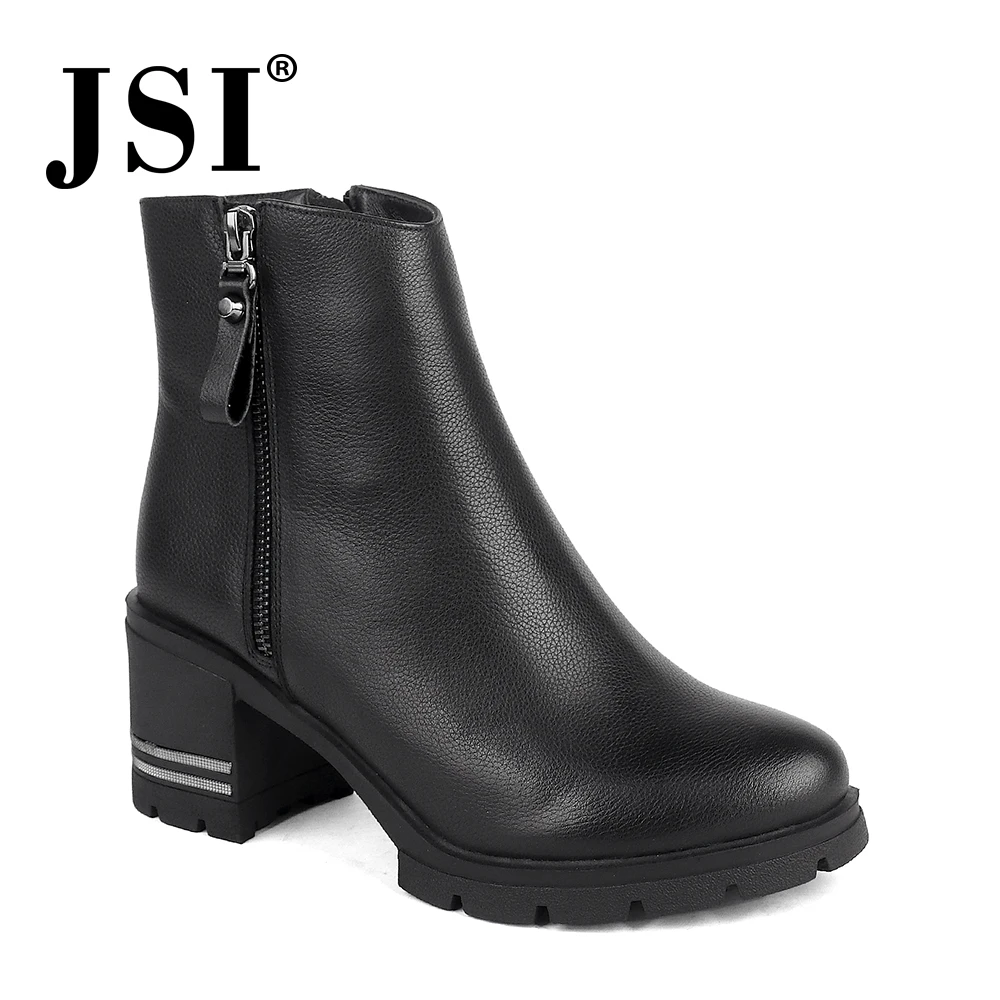 

JSI Women Boots Round Toe Square Heel Genuine Leather Ladies Shoes Zip High Heels Winter Solid Handmade Basic Boots Women jc228