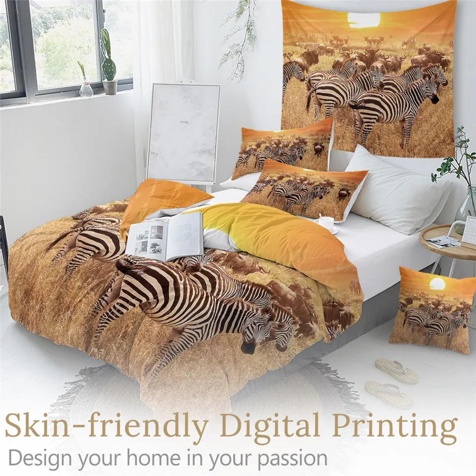BeddingOutlet Zebra Bedding Set 3D Printed Sunset Duvet Cover Animal Bed Cover with Pillow Case Queen Tropical Bedspreads