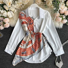 

2021 New Women top White Collar Ladies Irregular Stitching Color Contrast Long Sleeves Urban Shirt Female Casual Long Tops