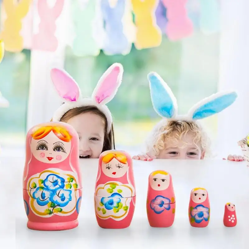 

5pcs DIY Russian Matryoshka Dolls Basswood Creative Bear Ear Nesting Dolls Gift Russian Traditional Feature Ethnic Style Unisex