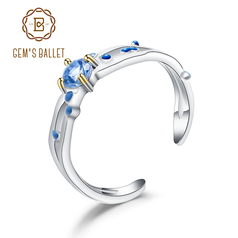 

GEM'S BALLET Cutout Natural London Blue Topaz Couple Ring 925 Sterling Silver HANDMADE Enamel Open Adjustable Women Fine Jewelry
