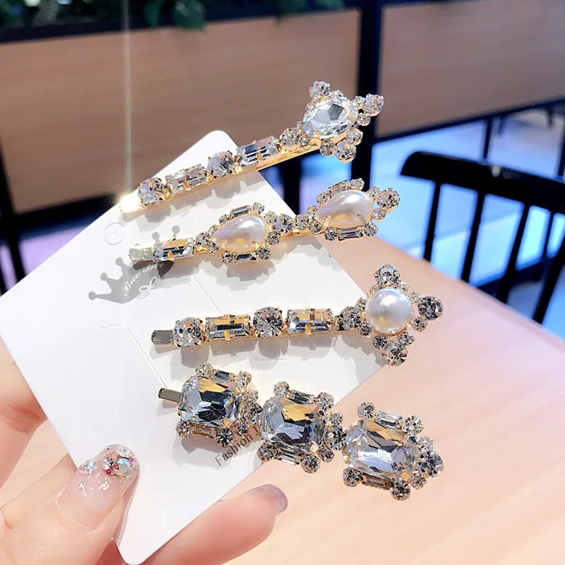 

Korean Headdress Pearl Rhinestone Hairpin Retro Word Geometric Hair Accessory