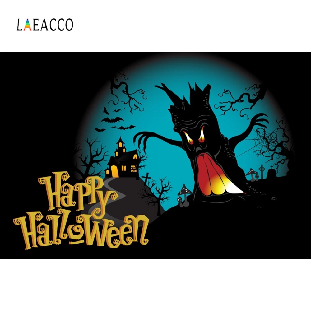 

Laeacco Tree Essence Castle Bat Fire Happy Halloween Photography Backgrounds Customized Photographic Backdrops For Photo Studio