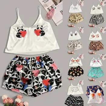 

Ladies Pajama Set Love Fox Print Cute Cartoon Pattern Sleepwear Silk V Neck Sexy Pijama Satin Night Home Suits Wear Spaghetti