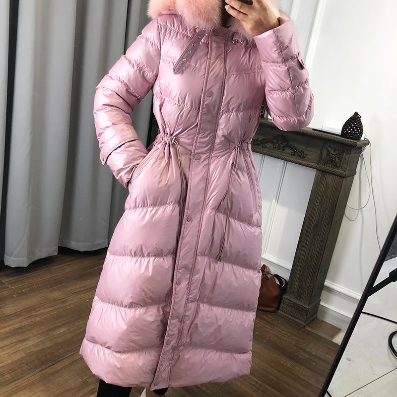 Зимний стиль Dongdaemun, женское пуховое пальто, корейский стиль, белый утиный пух, воротник из лисьего меха, Длинный Пуховик W