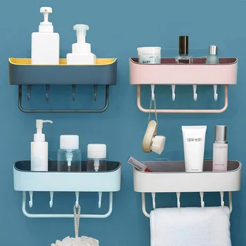 

Wall Mounted Shelf with Hooks Hanging Drainer for Bathroom Storage Shelf Shower Organizer Household Items Kitchen Storage Rack