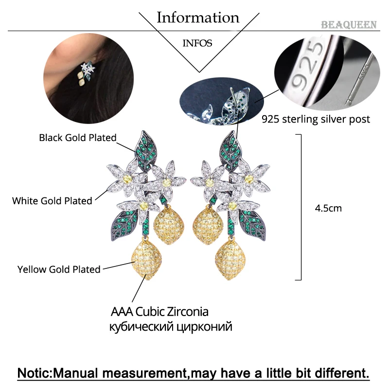 BeaQueen Luxury Designer Yellow Green Cubic Zircon Leaf Flower Hanging Drop Earrings 3 Tones Black Gold Color Boho Jewelry E377