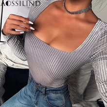 AOSSILIND Striped Sexy Slim Bodysuit Women Square Collar Long Sleeve Skinny Rompers 2020 Spring Ladies Bodysuits Tops
