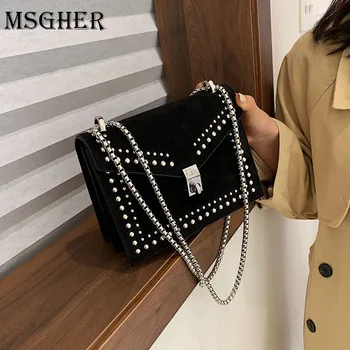 

MSGHER Scrub Leather Small Shoulder Messenger Bags For Women 2020 Chain Rivet Lock Crossbody Bag Female Travel Mini Bags