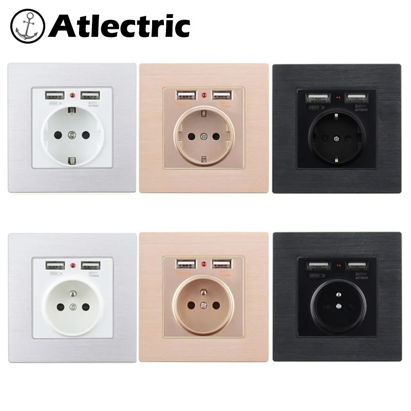Atlectric золото щеткой розетки питания Заземленный 16A ЕС стандартный электрический выход с 2100mA двойной USB зарядное устройство порт для мобильного телефона,переходник usb,розетка с usb,розетки,socket