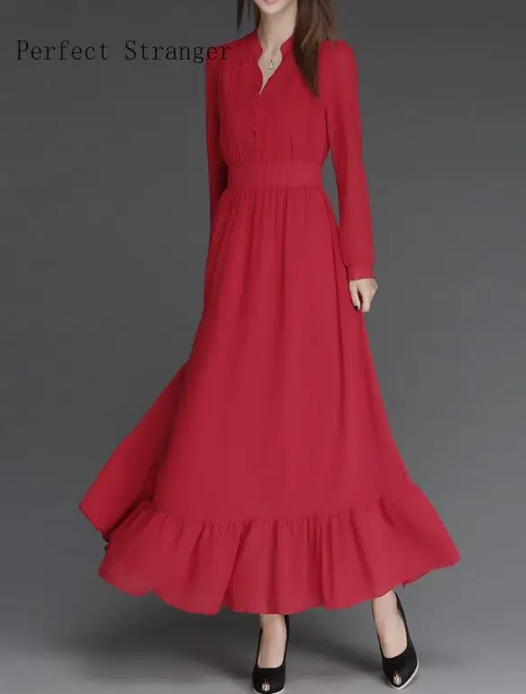 Женское шифоновое длинное платье с длинным рукавом и V образным вырезом|chiffon long
