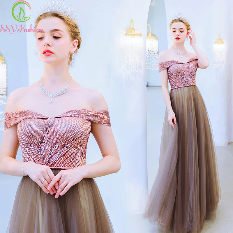 

SSYfashion Boat Neck Off The Shoulder Lace Up Back Floor Length Sequins Coffee Evening Dress Party Banquet Gown Robe De Soiree