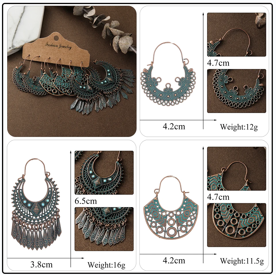 Bronze Silver Blue Ethnic Earrings Sets Jewelry Long Metal Tassel Hanging Dangling Earrings for Women (13)