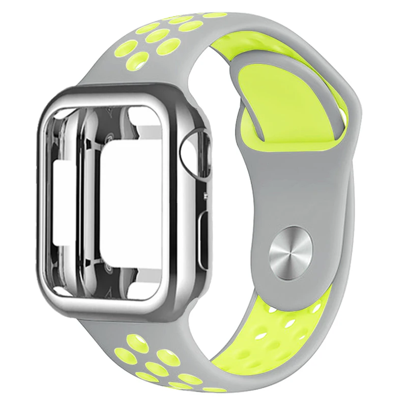 Силиконовый ремешок+ мягкая оболочка, 38 мм 40 мм 42 44 мм чехол подходит для наручных часов Apple Watch Series 5/4/3/2/1 спортивный браслет наручных часов iwatch, браслет - Цвет ремешка: Grey with yellow