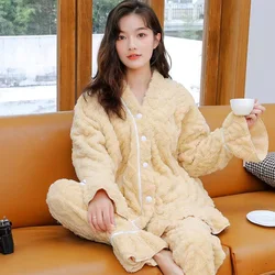 Winter Thicken Warm Coral Fleece Pajamas Sets For Women Long Sleeve Tops+Pants Female Sleepwear Solid Color Nightwear