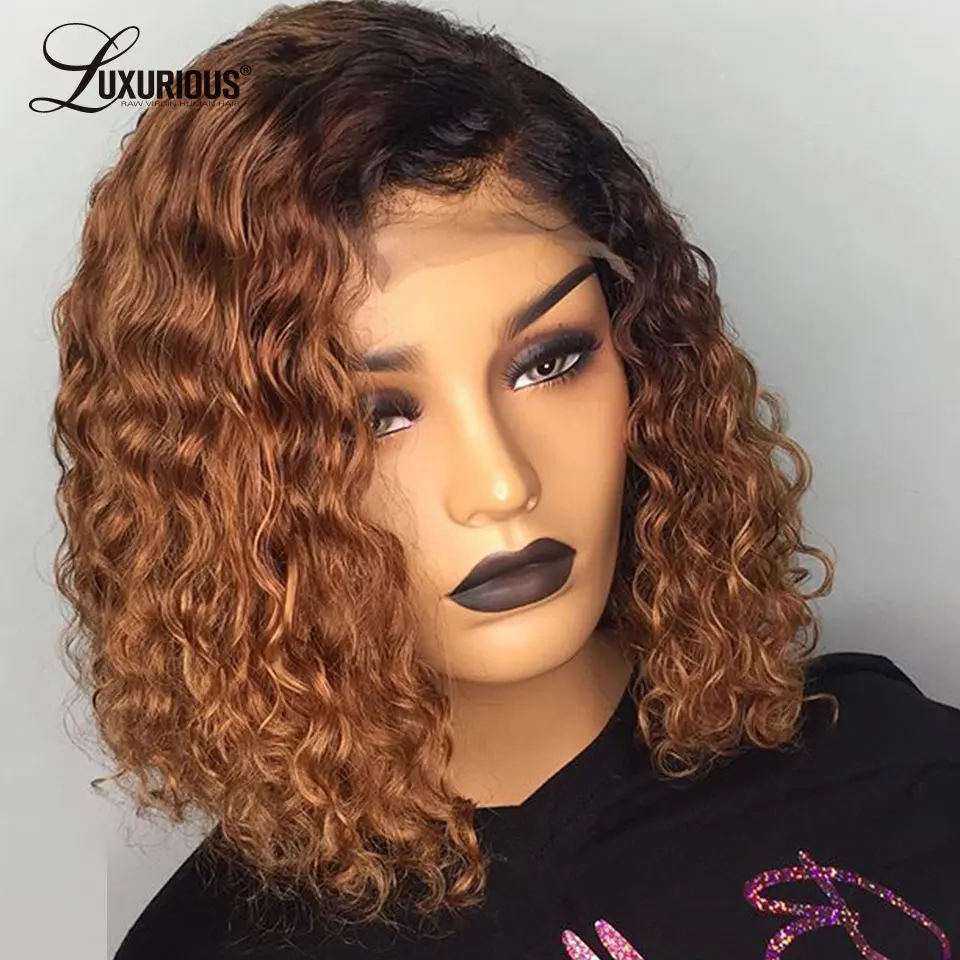 150% Ombre цвет короткий кудрявый боб парик 1B 27 медовый блонд кружевные передние человеческие волосы парики бордовый 1B 99J красный предварительно сорванный бразильский парик - Цвет: T1/27