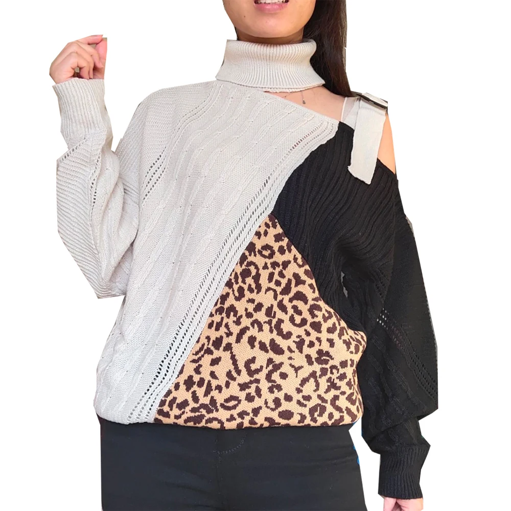 Леопардовый лоскутный свитер с высоким воротом, женские сексуальные с открытыми плечами, цветные вязанные свитера с рукавом летучая мышь, топы больших размеров
