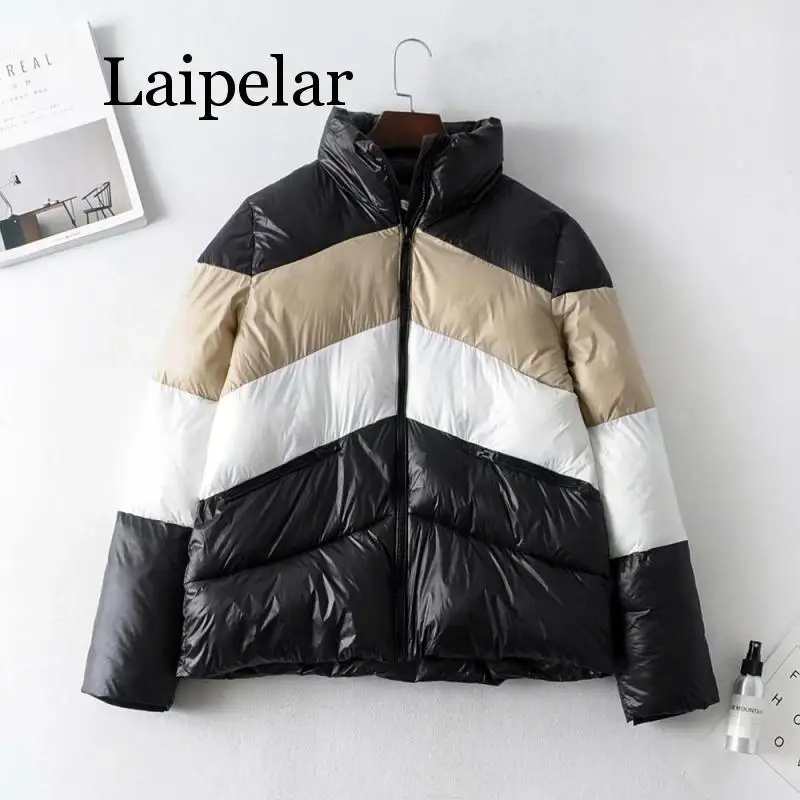

Laipelar Fashion Multi block Patchwork Jacket Women Cotton Padded Warm Coat Lace Up Sleeve Stand Casual Outerwear