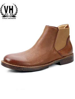 

big size Chelsea Boots Mens British High Quality Genuine Leather cowboy boots mens autumn winter British retro men shoes cowhide