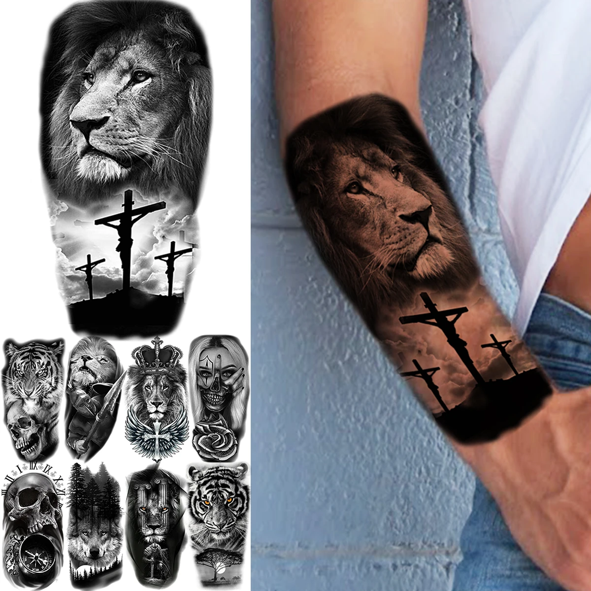 Black Lion Forearm Cross Temporary Tattoos For Men Adult Tiger Skull Wolf  Compass Warrior Fake Tattoo Fashion Waterproof Tatoos|Hình xăm tạm thời| -  AliExpress