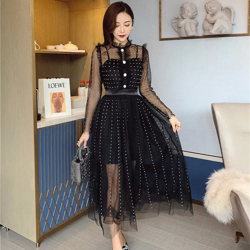 

Women Black Mesh Dress Autumn New Elegant Diamond Fashion Gauze Long Sleeve Beading Button Elegant Party Dress Vestidos