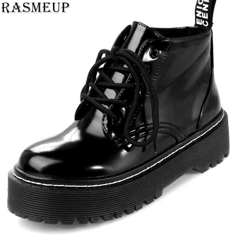 

RASMEUP Leather Women's Winter Martin Boots 2019 Fashion Warm Women Ankle Platform Boot Casual Thick Sole Ladies Chunky Shoes