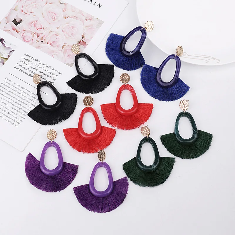 

2019 Fashion Colored Tassel Geometric Drop Earrings for Women Bohemian Gold Sequined Resin Statement Handmade Jewelry