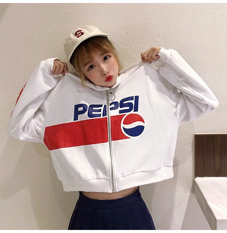 Pepsi шаблон короткий балахон женское платье маленький Высокий воротник тонкий разрез на молнии обрезанная куртка Пепси свободные топы женские