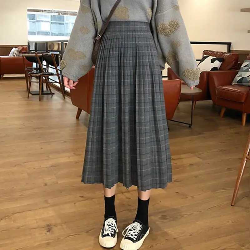 Женская Осенняя плиссированная длинная серая клетчатая юбка с драпировкой