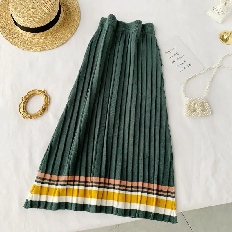 New spring autumn Korean version skirt women vintage elastic high waist Medium long pleated knitted skirt cc1758