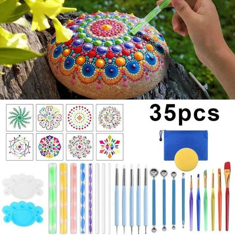 35Pcs DIY Mandala Dotting Rock Painting Kits Dot Art Pen Paint Stencil Tools Pottery Nail Kids Crafts Drawing | Дом и сад