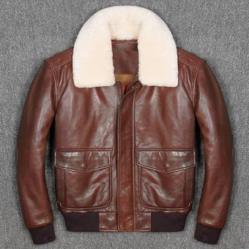 

Cow Leather Man Plus size Fat big size People Air Force Flight Suit with Cotton Thick Sheepskin Jacket Fue Collar
